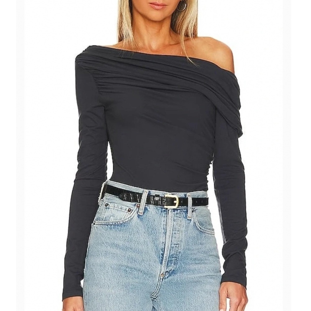 Agolde Kira Bodysuit Black Brown Ruched One Shoulder Long Sleeve Modal Top XS
